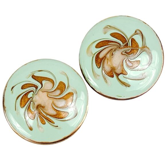 VTG 1980s Enamel Oversized Mint Green Abstract Earrings Scandinavian Influence? - Picture 1 of 12